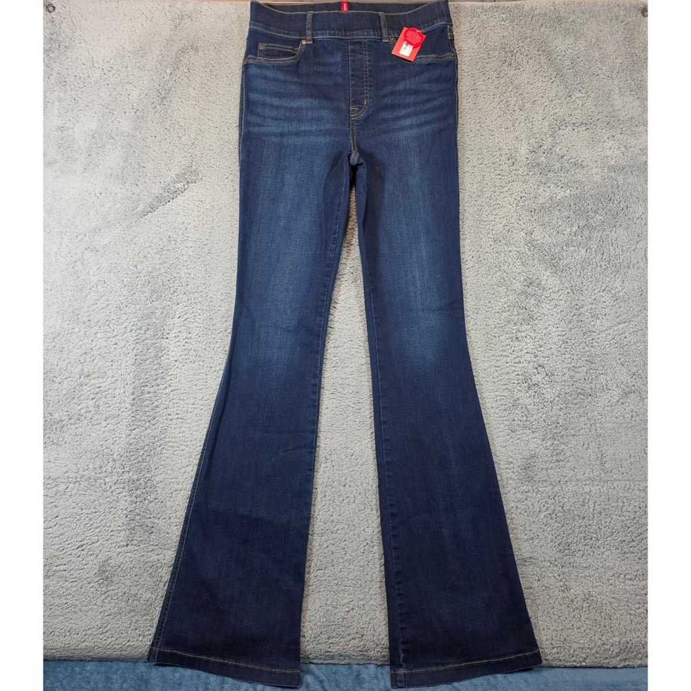 Spanx Flare Jeans Womens M Tall Dark Indigo Blue High Rise Pull On Stretch NWT